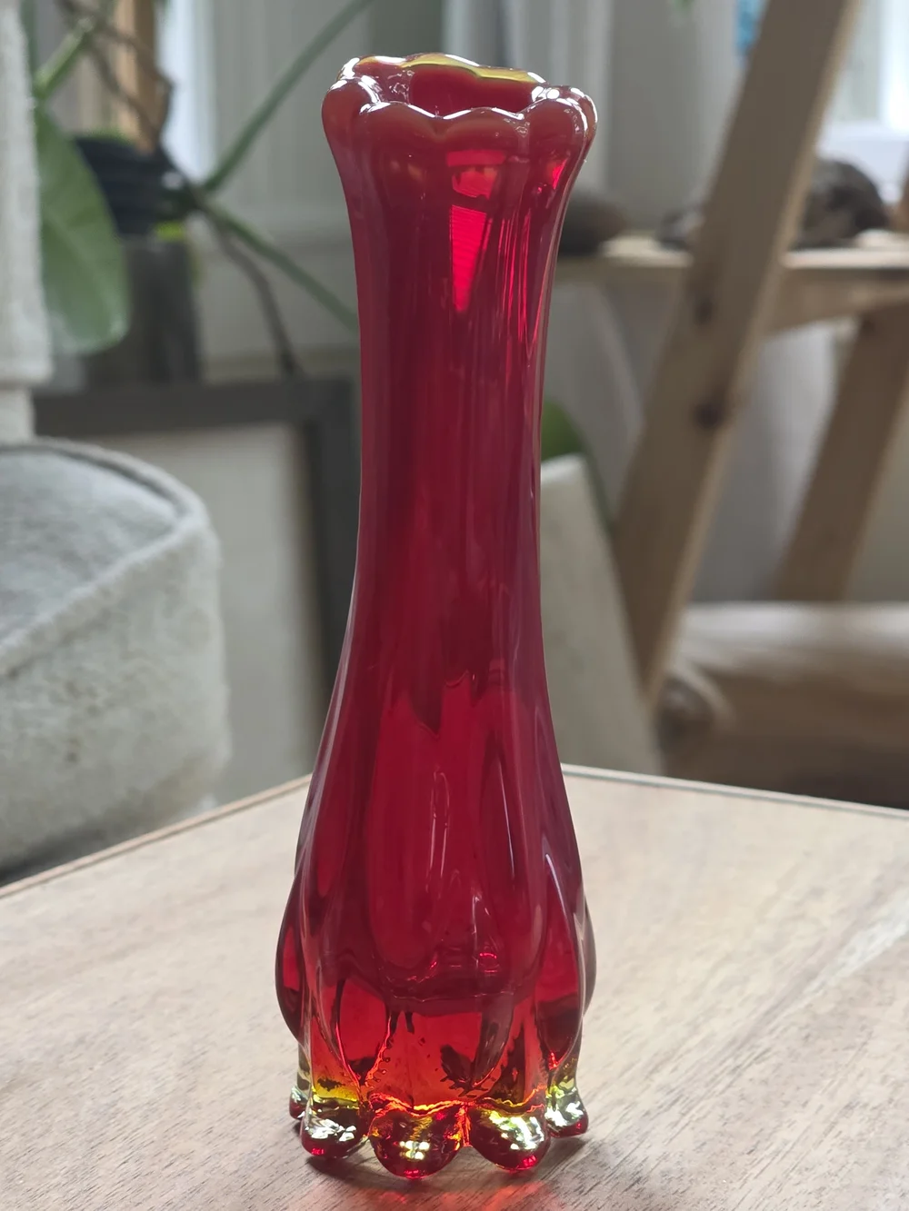Vintage Ruby Red Fluted Art Glass Bud Vase Scalloped Edge Moody Maximalist